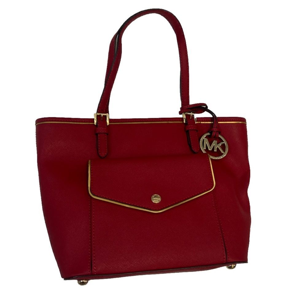 Michael Kors Leather Snap Pocket Tote Red Handbag - Picture 3 of 16